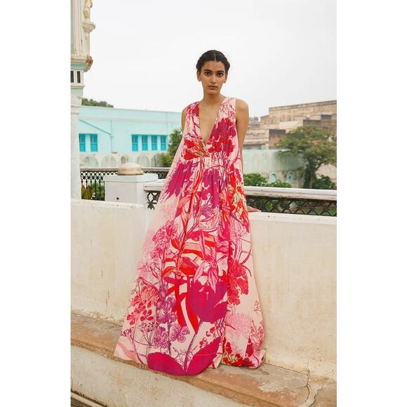 Roopa Pemmaraju The Peela Silk V-Neckline Maxi Gown Dress Multicolor Size Small - Picture 1 of 16